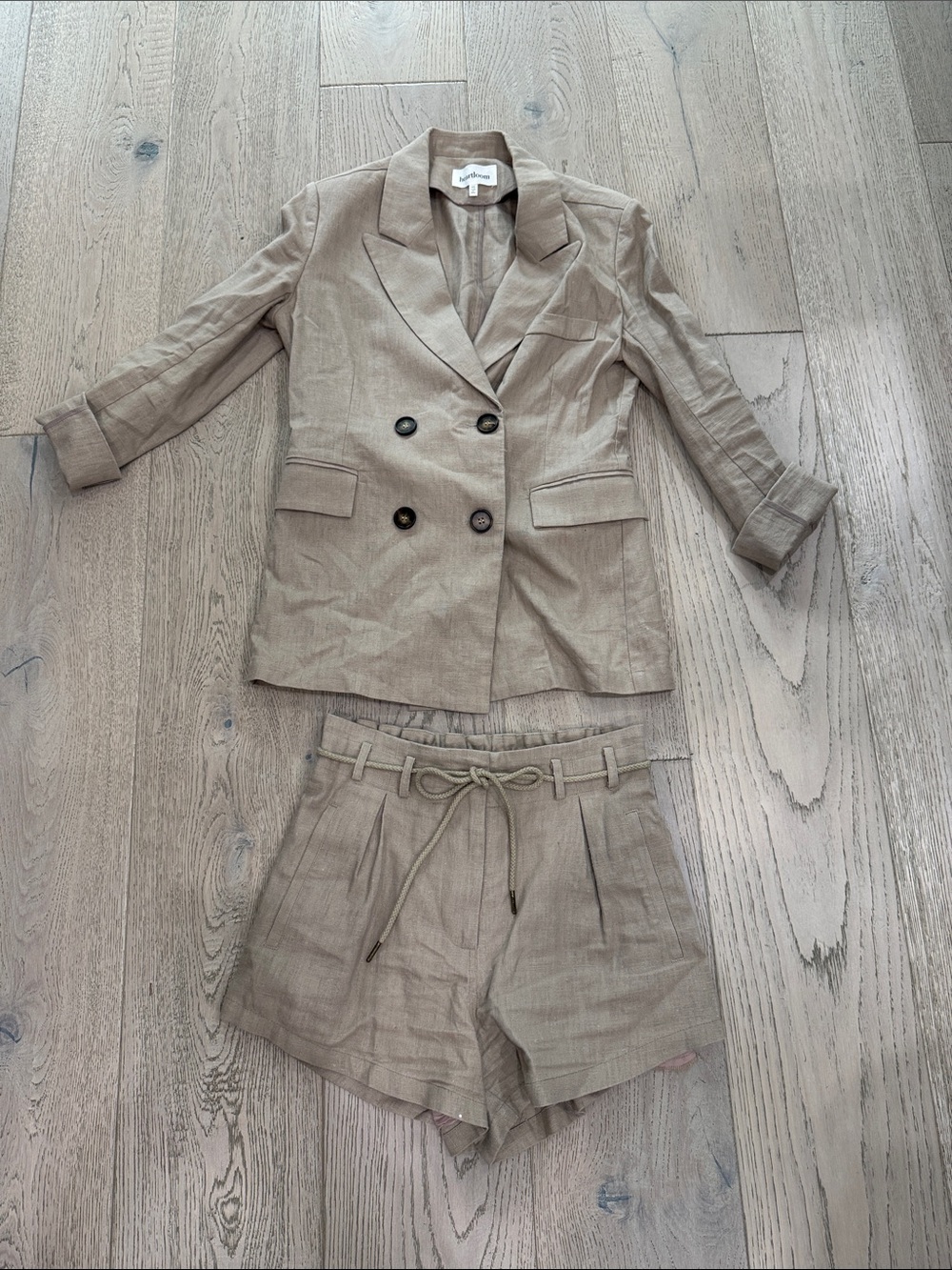 Heartloom Beige Double-Breasted Linen Blazer & Shorts Set